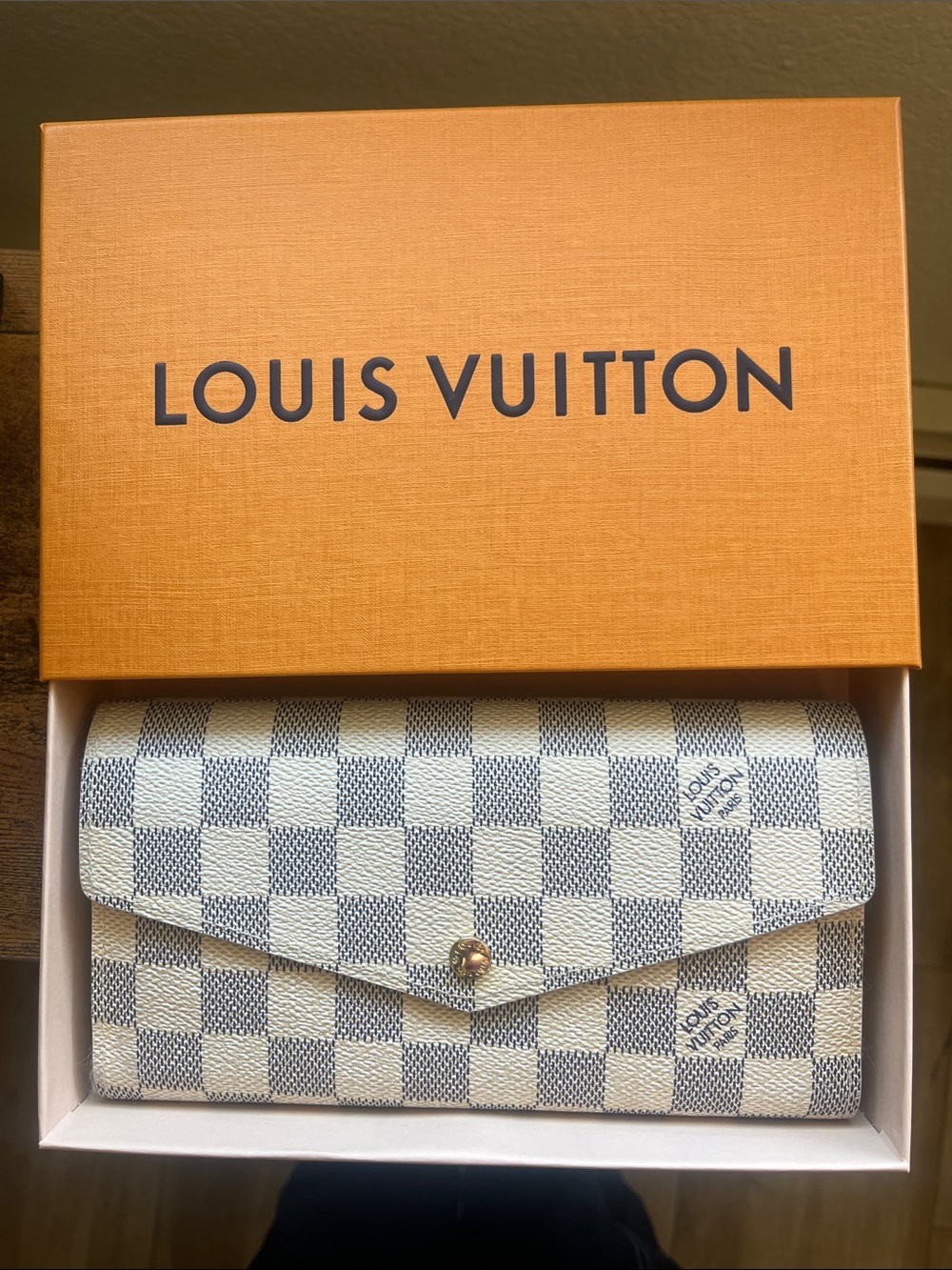Louis Vuitton Sarah Wallet- Damier Azur Check Leather - Cream & Blue